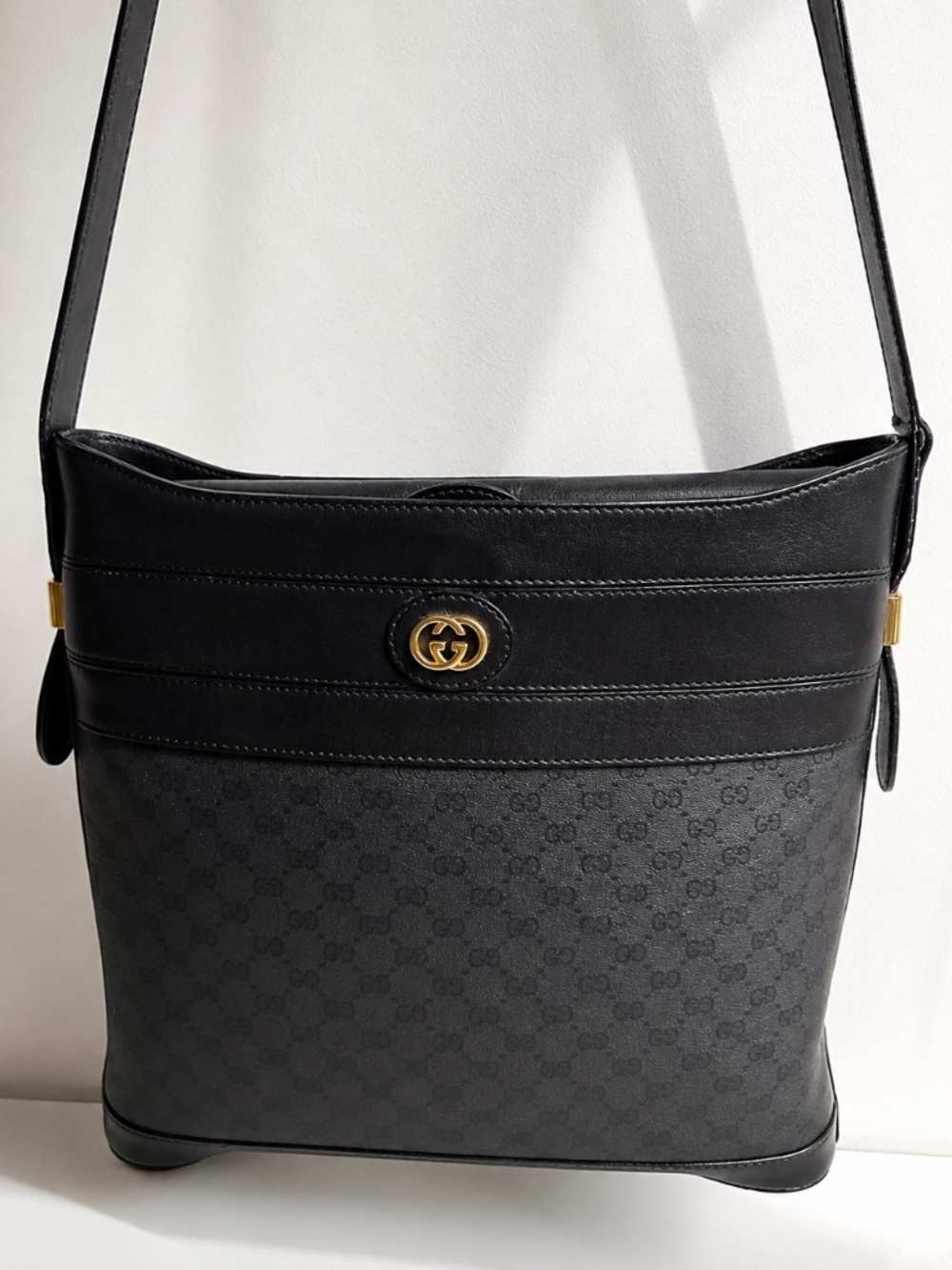 Gucci Vintage Black GG Monogram Shoulder Bag Crossbody Made in Italy